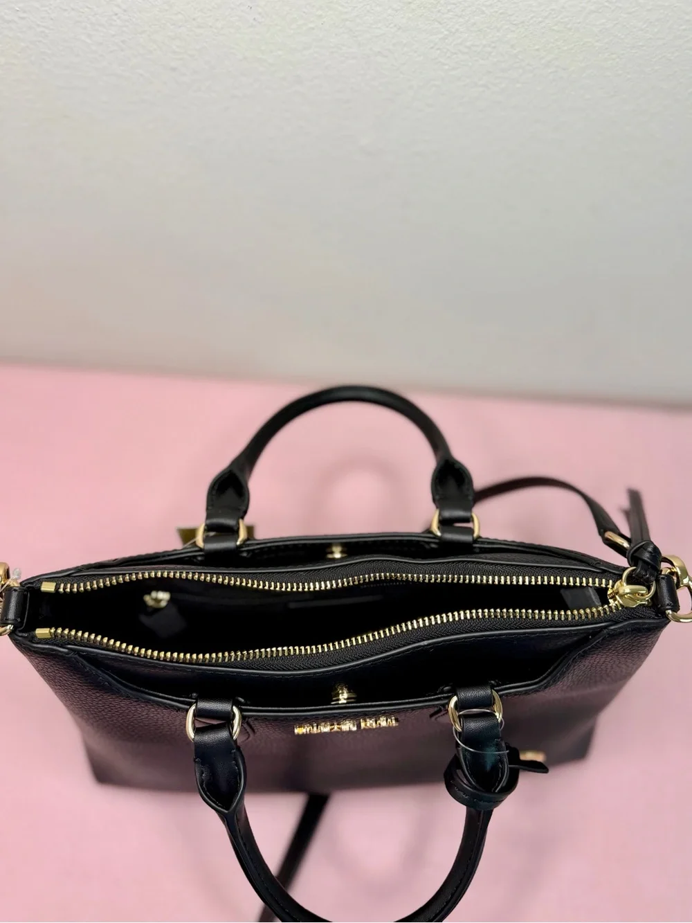 Michael Kors Black Pebbled Leather Dome Satchel with Gold Hardware